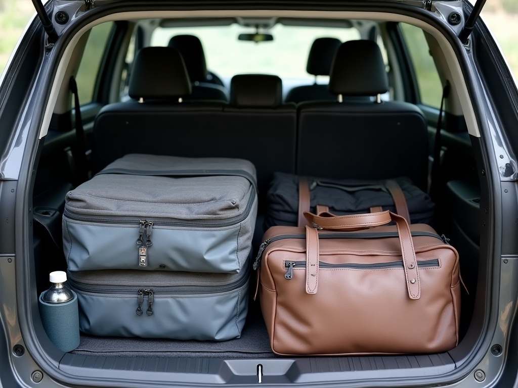 Luggage packed into the folded-flat rear of a seven-seat MPV before a Flores overland leg