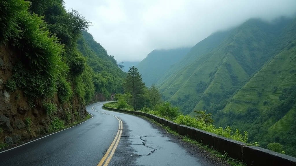 A narrow patched mountain road curving through terraced hillside in central Flores on the Ruteng to Bajawa section