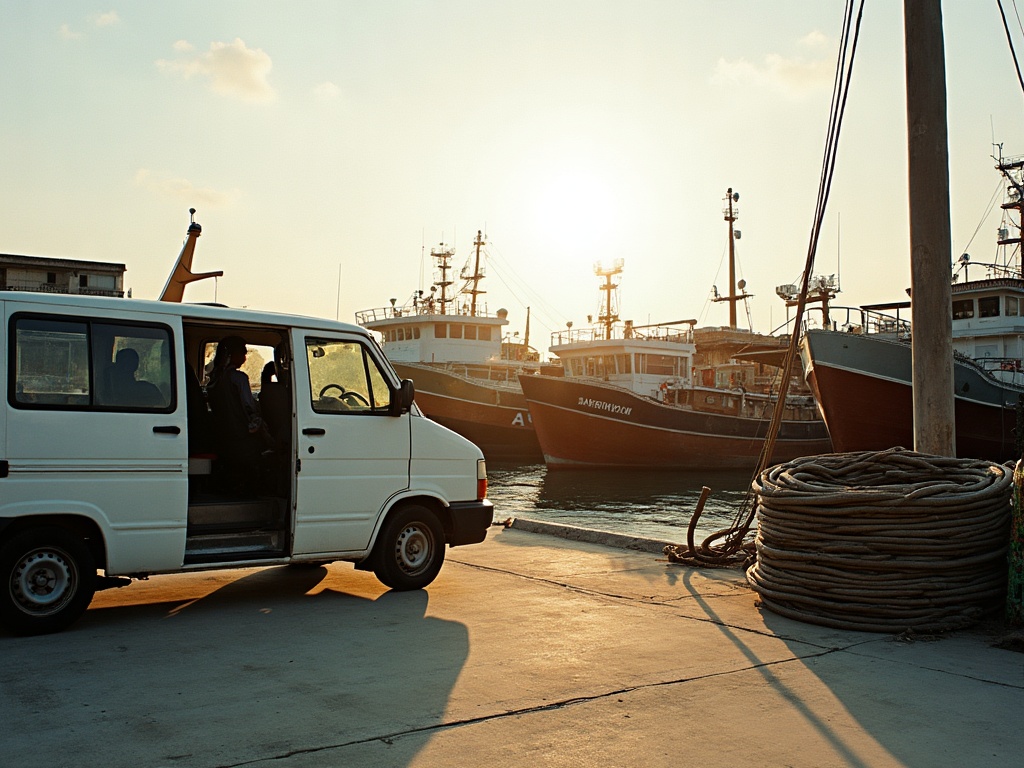 A minivan with its sliding door open on the harbour apron at Labuan Bajo, wooden boats moored beyond