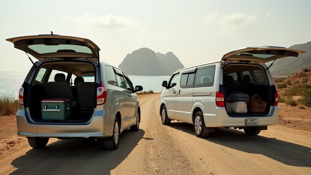 An MPV and a 14-seat van parked with open doors and luggage on a coastal road above Labuan Bajo at dawn